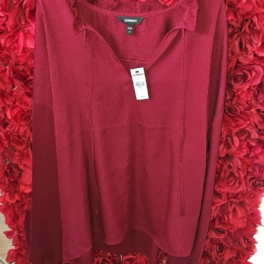 Express NWT Women's Deep Red Blouse With Ruffle Detail Size Large